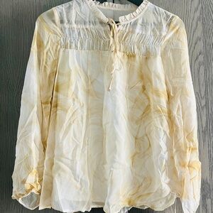 MOTF Cream Smocked Silk Blouse with Puff Sleeves